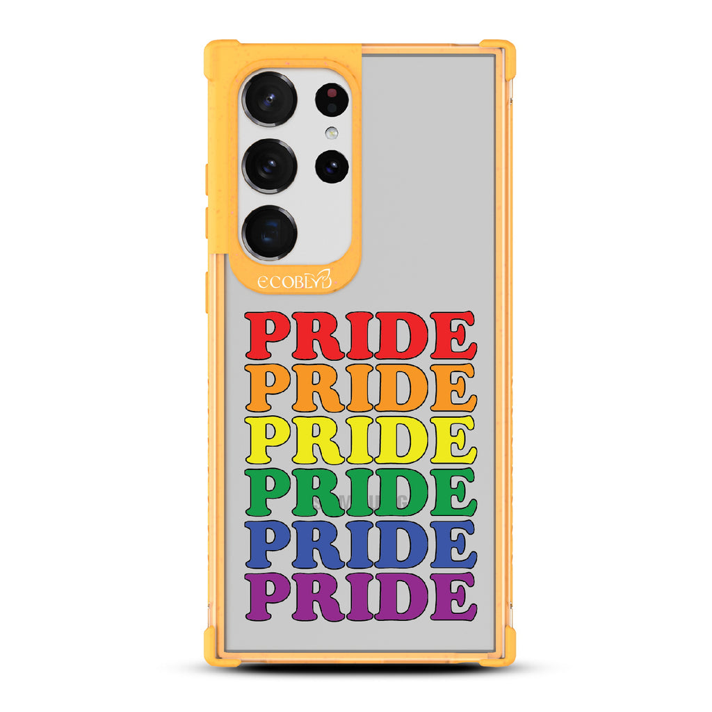 Pride Camp - Yellow Eco-Friendly Galaxy S23 Ultra Case With Pride Stacked In Multiple Rainbow Colors On A Clear Back