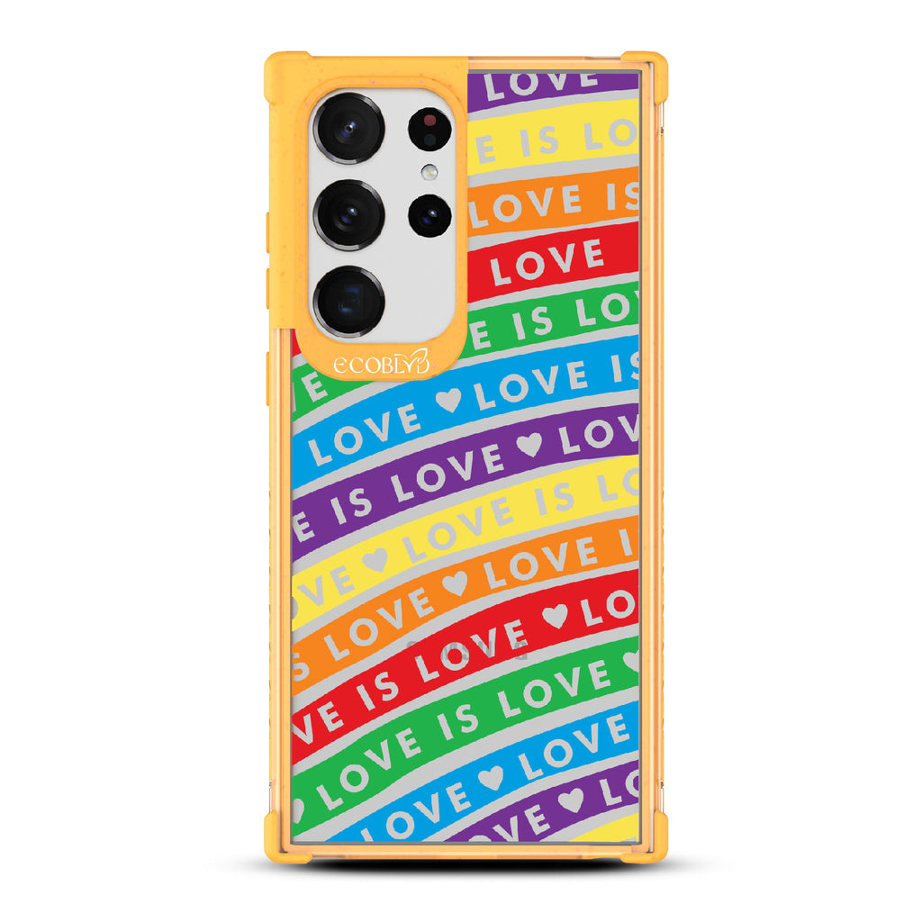 Love Unites All - Yellow Eco-Friendly Galaxy S23 Ultra Case With Love Is Love On Colored Lines Forming Rainbow On A Clear Back