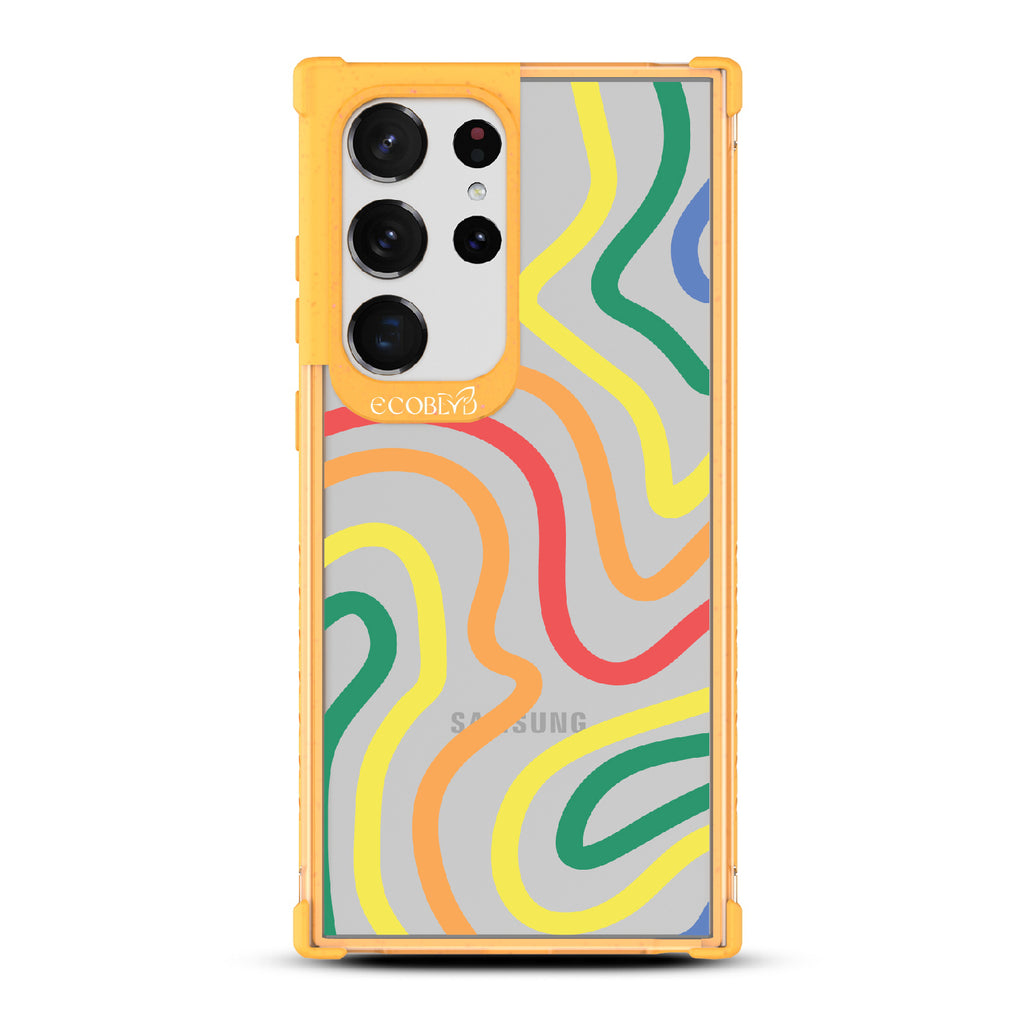 True Colors - Yellow Eco-Friendly Galaxy S23 Ultra Case With Abstract Lines In Different Colors Of The Rainbow On A Clear Back