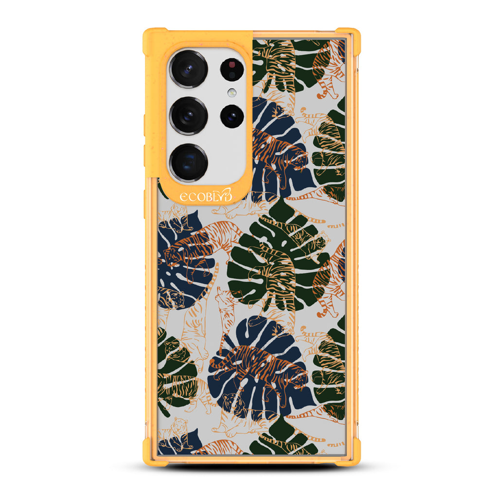 Tropic Roar - Yellow Eco-Friendly Galaxy S23 Ultra Case With Jungle Leaves & Orange / Yellow Tiger Outlines On A Clear Back