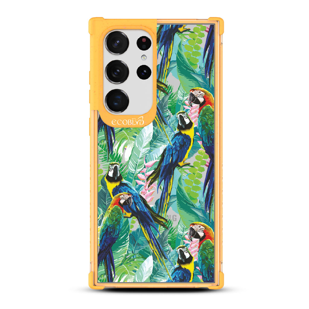 Macaw Medley - Yellow Eco-Friendly Galaxy S23 Ultra Case With Macaws & Tropical Leaves On A Clear Back