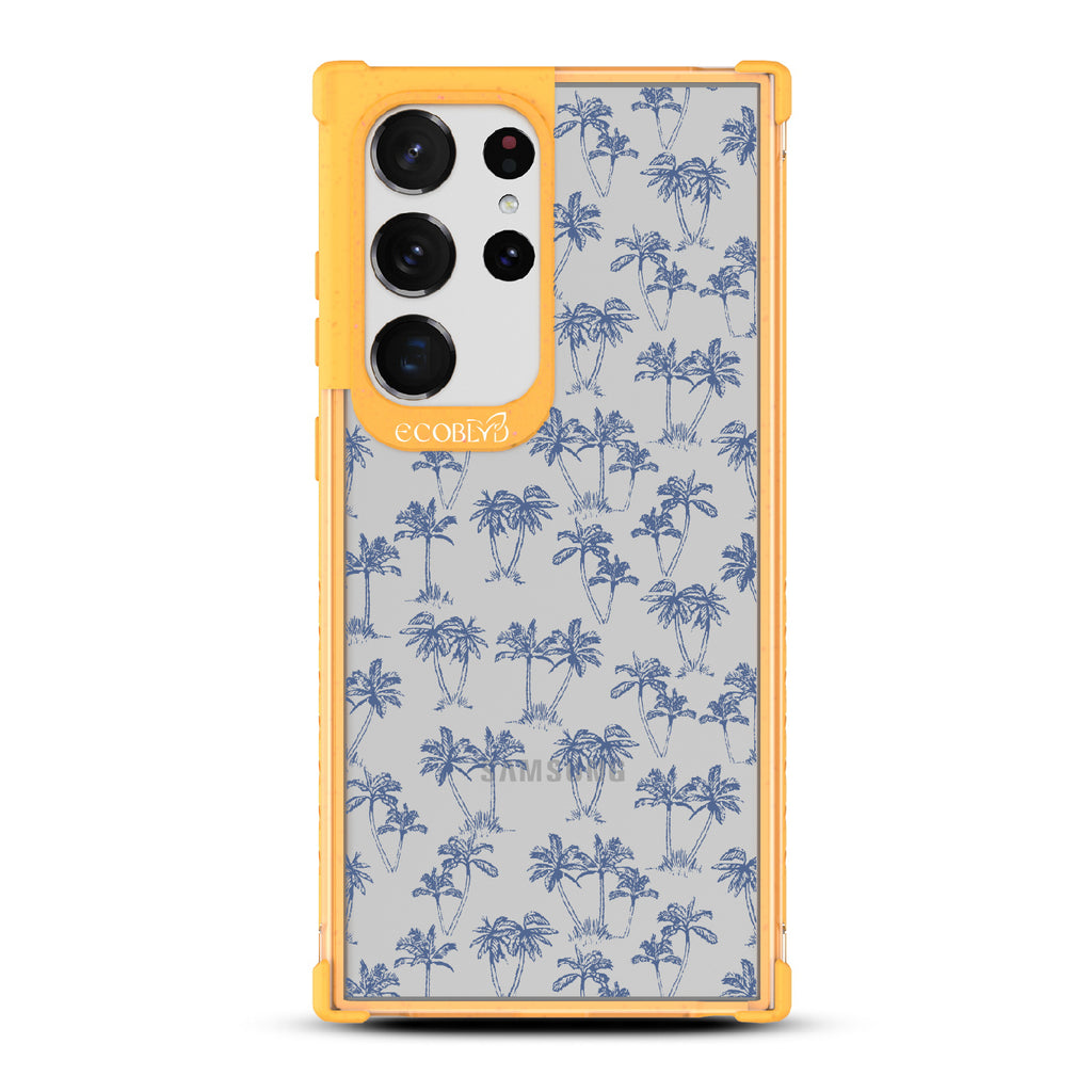 Endless Summer - Yellow Eco-Friendly Galaxy S23 Ultra Case With 50's-Style Blue Palm Trees Print On A Clear Back