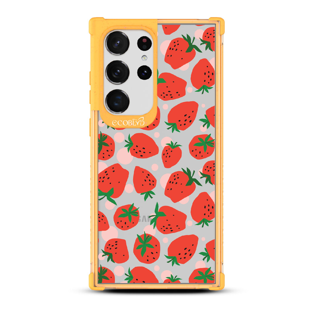 Strawberry Fields - Yellow Eco-Friendly Galaxy S23 Ultra Case With Strawberries On A Clear Back