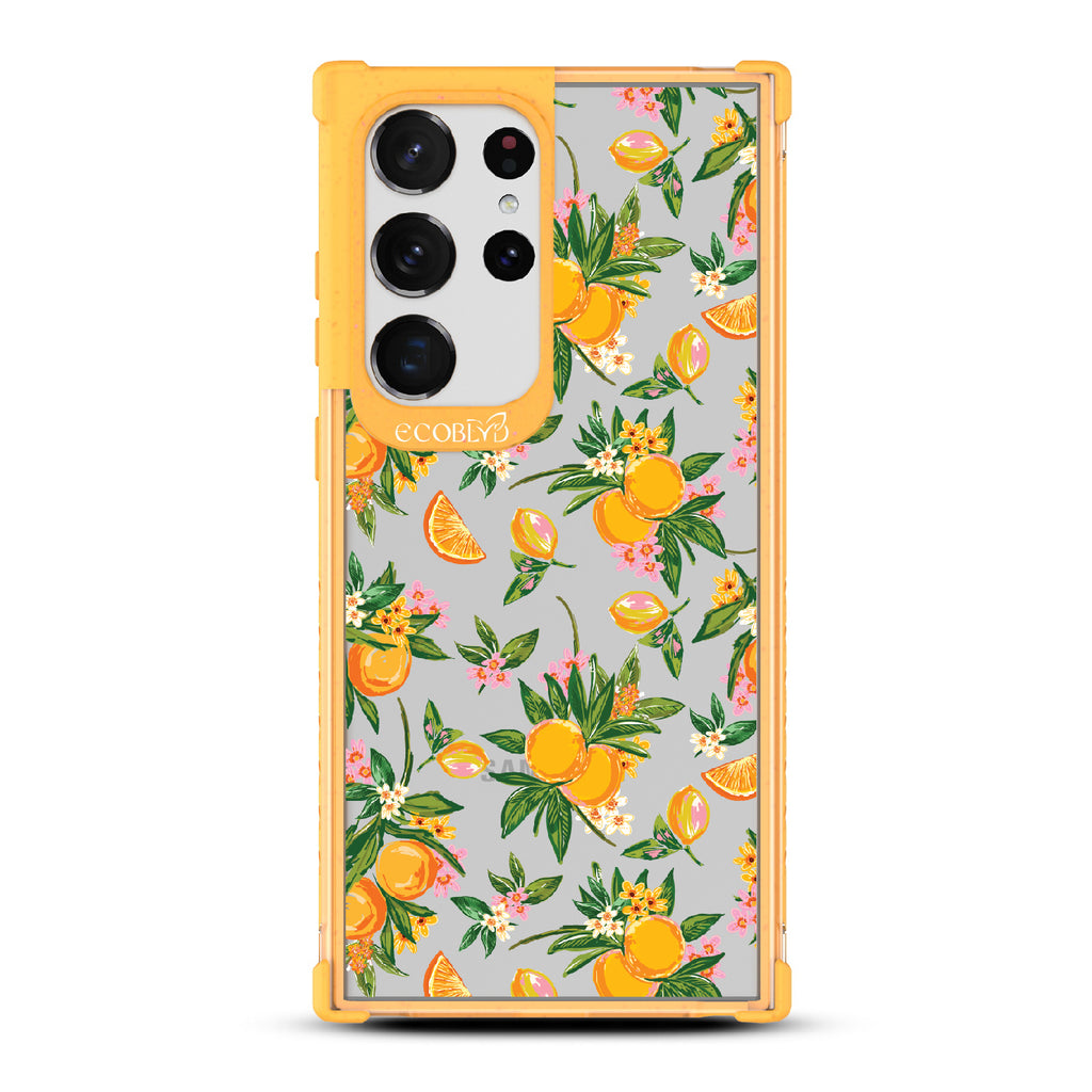 Orange Bliss - Yellow Eco-Friendly Galaxy S23 Ultra Case With Oranges, Orange Slices and Leaves On A Clear Back