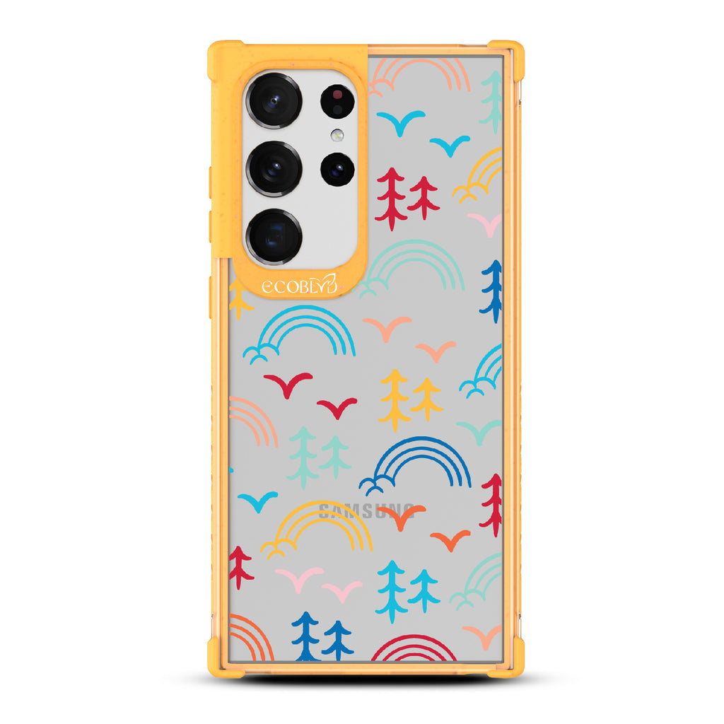 Happy Camper X Brave Trails - Yellow Eco-Friendly Galaxy S23 Ultra Case with Minimalist Trees, Birds, Rainbows On A Clear Back