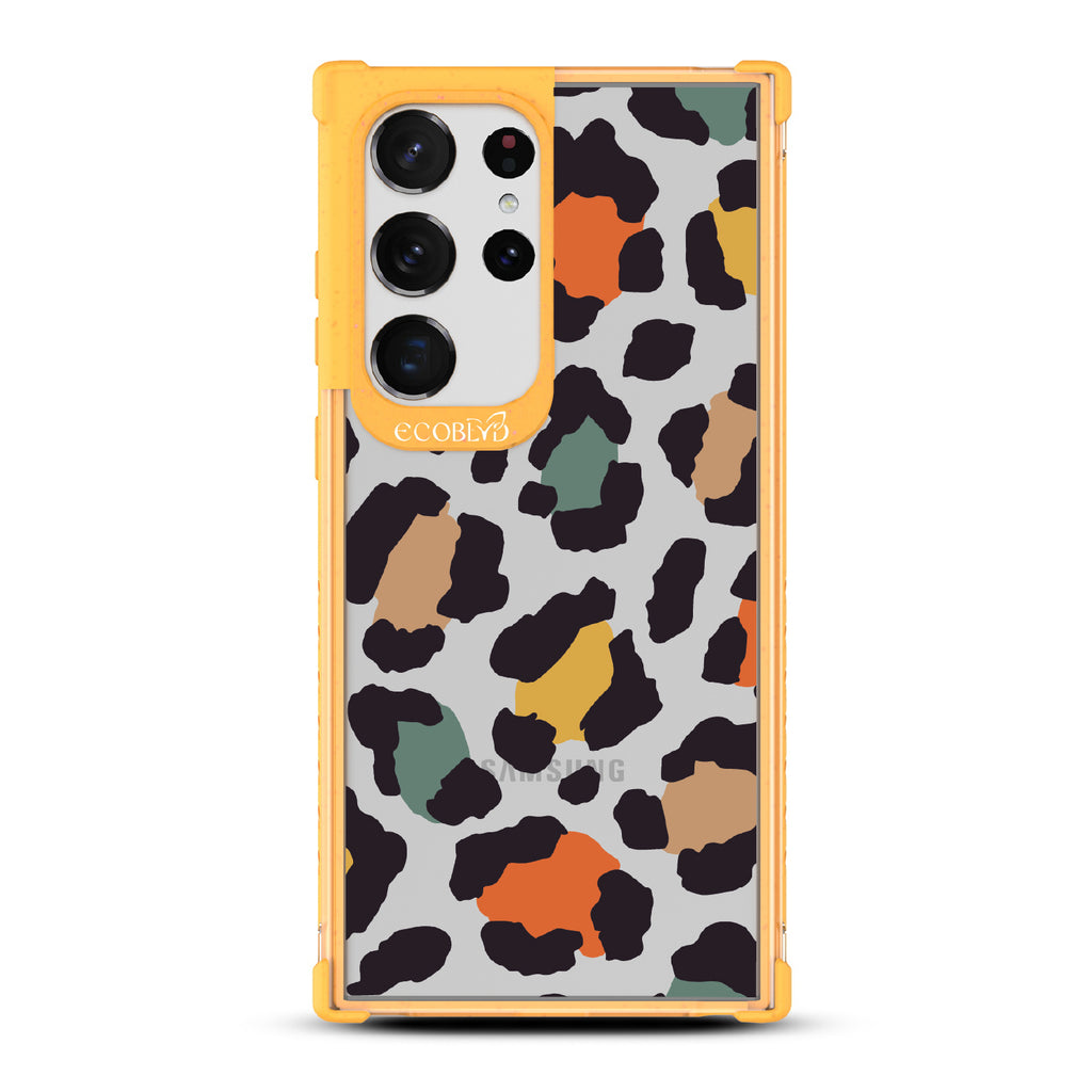 Cheetahlicious - Yellow Eco-Friendly Galaxy S23 Ultra Case With Multi-Colored Cheetah Print On A Clear Back