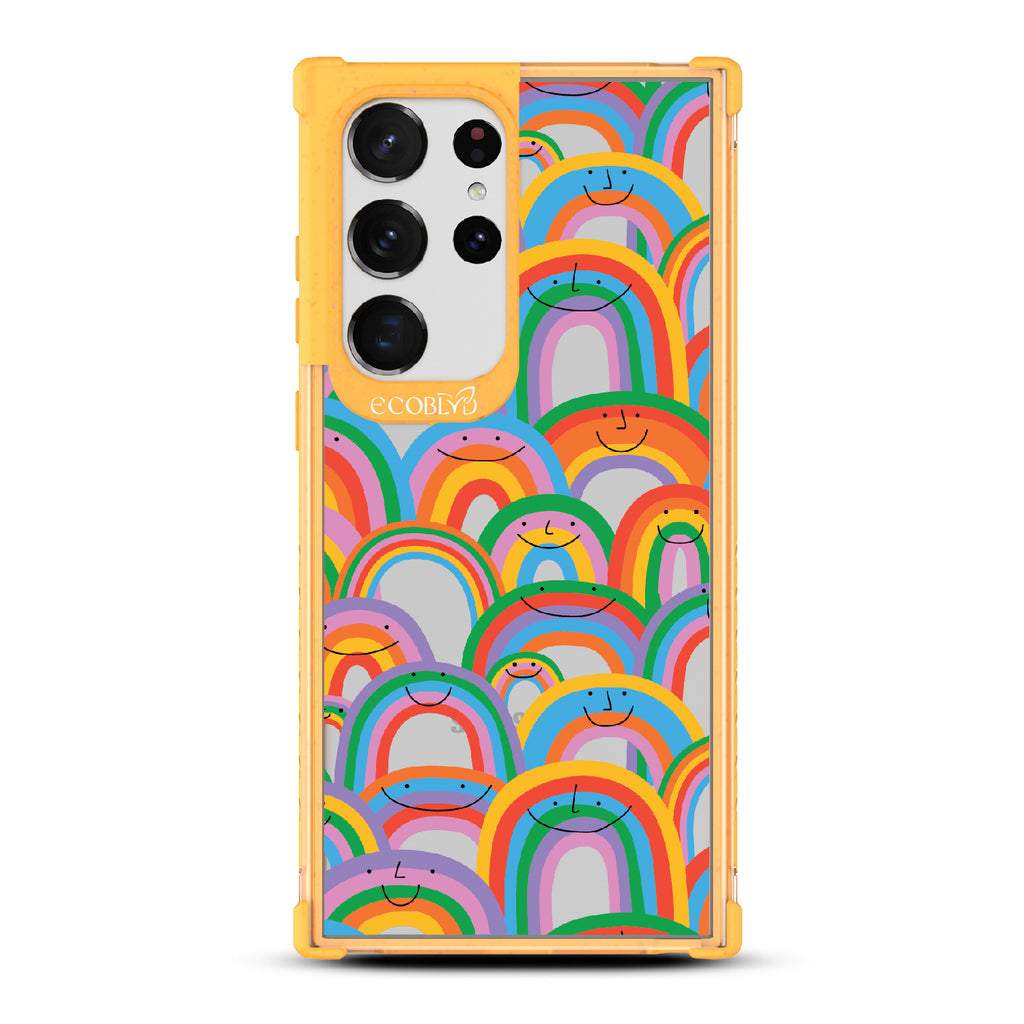 Prideful Smiles - Yellow Eco-Friendly Galaxy S23 Ultra Case With Rainbows That Have Smiley Faces On A Clear Back