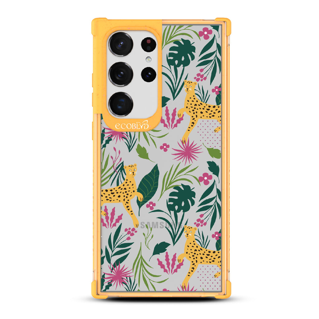 Jungle Boogie - Yellow Eco-Friendly Galalxy S23 Ultra Case With Cheetahs Among Lush Colorful Jungle Foliage On A Clear Back