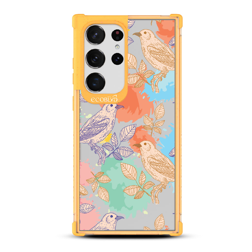 Perch Perfect - Yellow Eco-Friendly Galaxy S23 Ultra Case With Birds On Branches & Splashes Of Color On A Clear Back