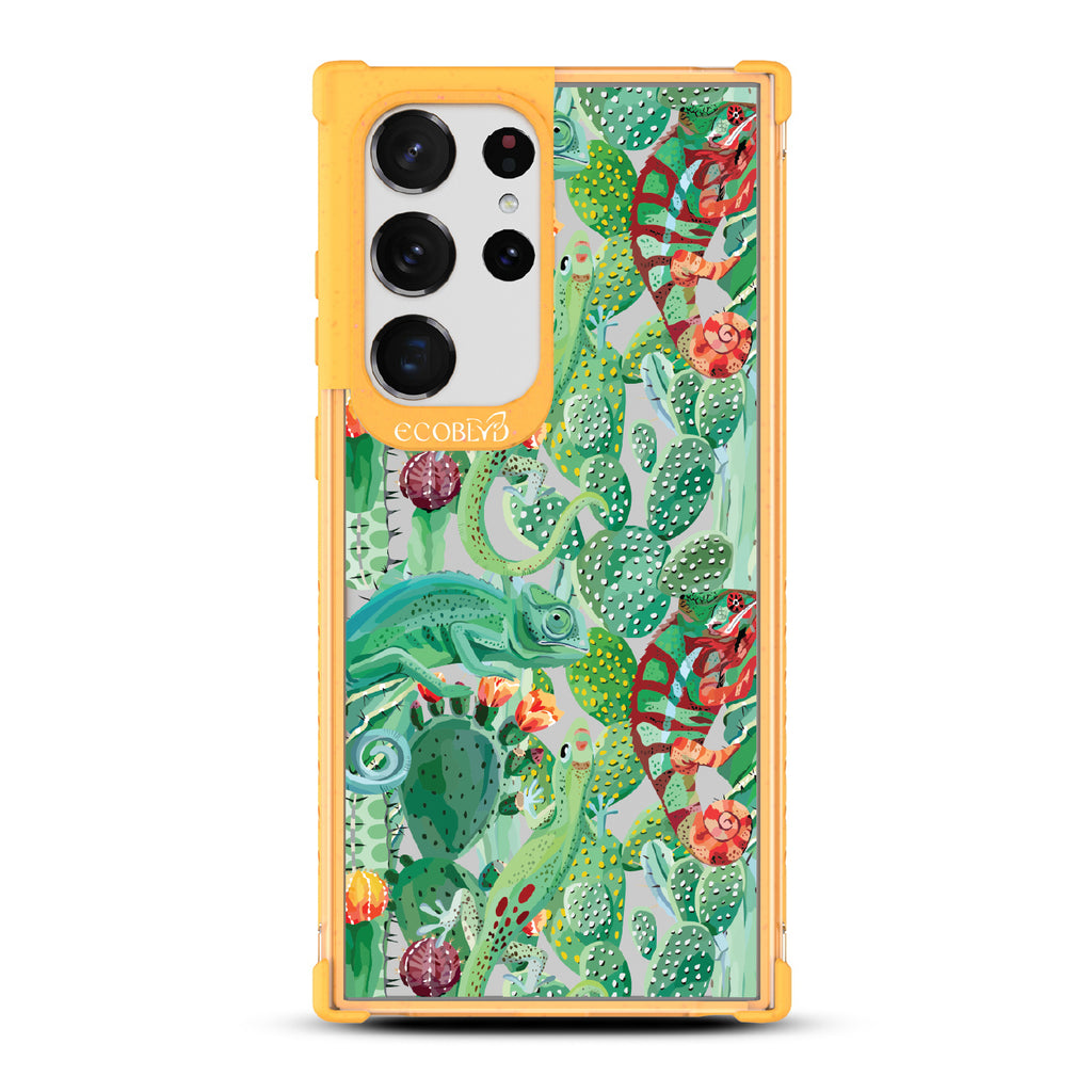In Plain Sight - Yellow Eco-Friendly Galaxy S23 Ultra Case With Chameleons On Cacti On A Clear Back