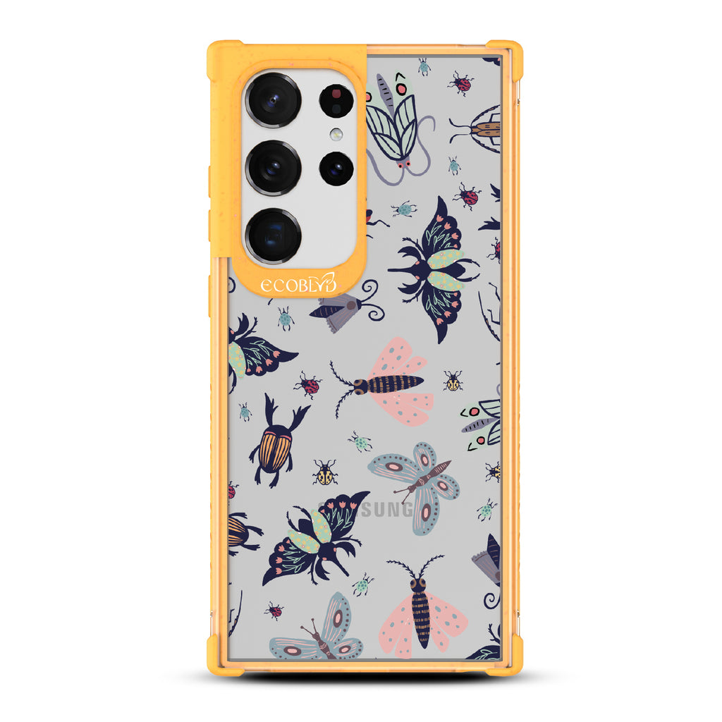Bug Out - Yellow Eco-Friendly Galaxy S23 Ultra Case With Butterflies, Moths, Dragonflies, And Beetles On A Clear Back
