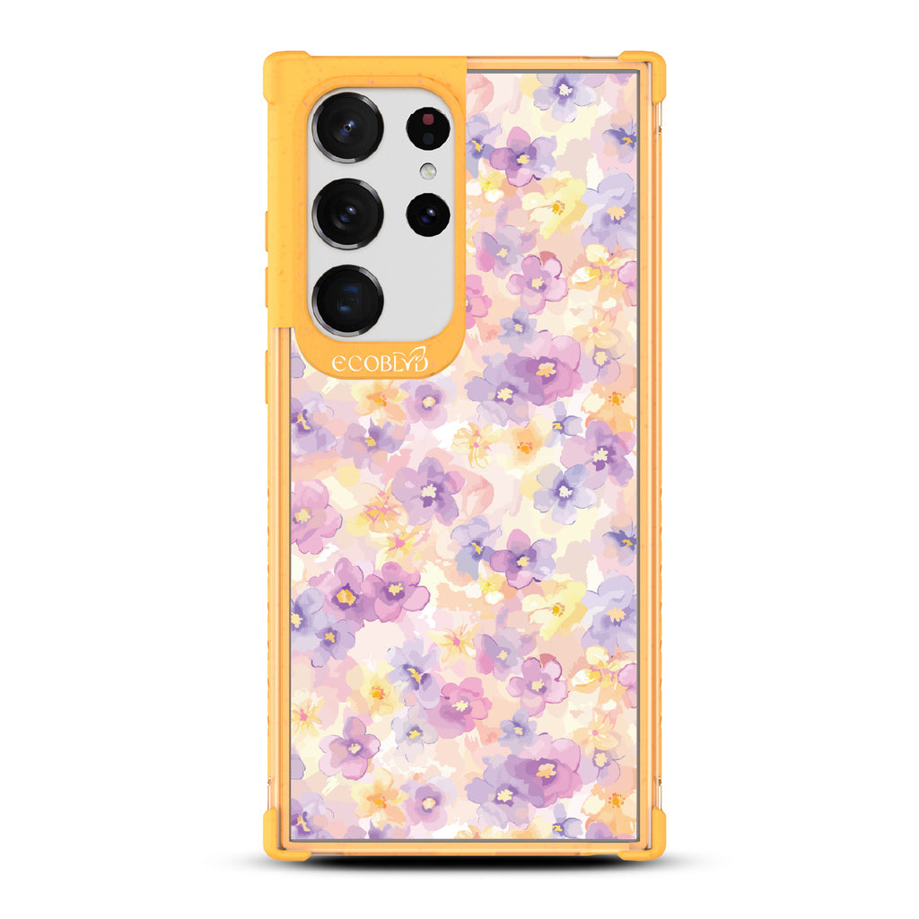 Samsung Galaxy S23 Ultra case, clear eco-friendly phone case with yellow ridges, back view, Flowering Thoughts design