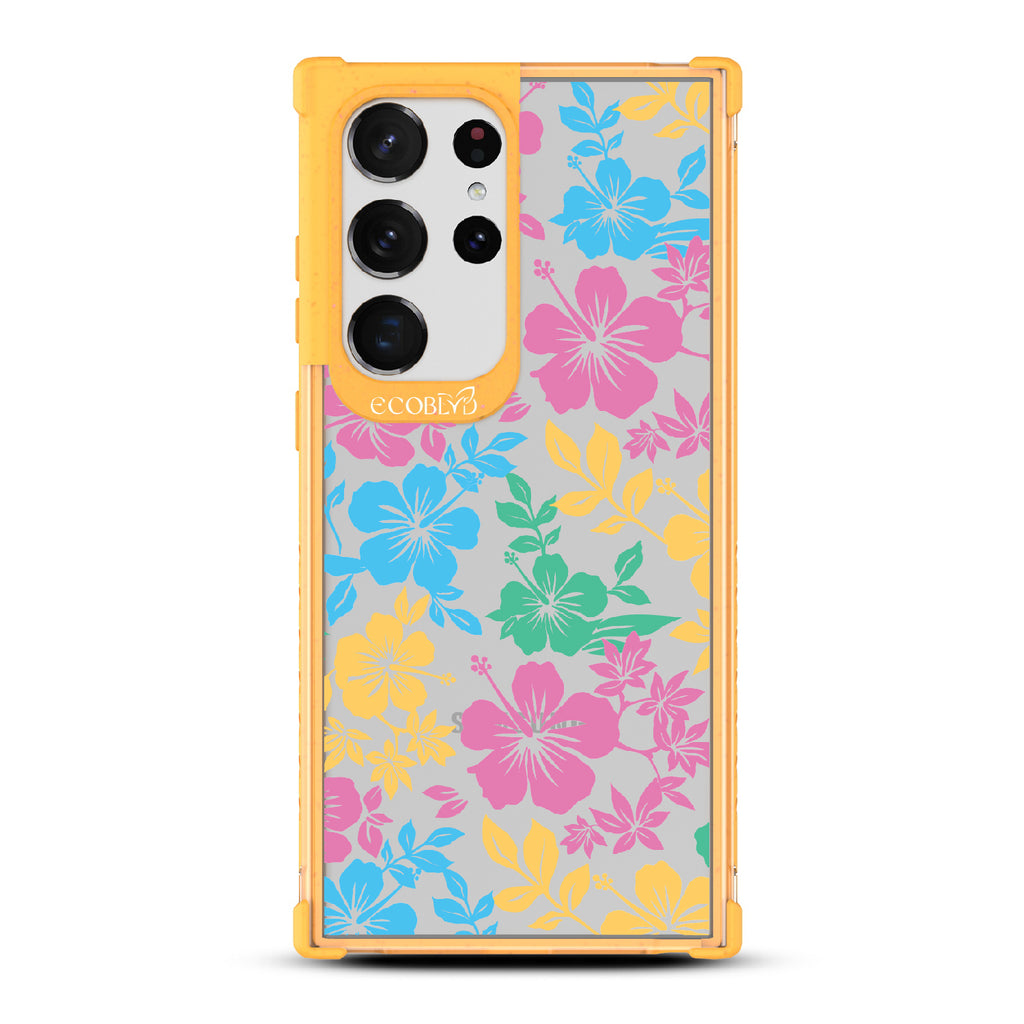  Lei'd Back - Yellow Eco-Friendly Galaxy S23 Ultra Case With Colorful Hawaiian Hibiscus Floral Print On A Clear Back