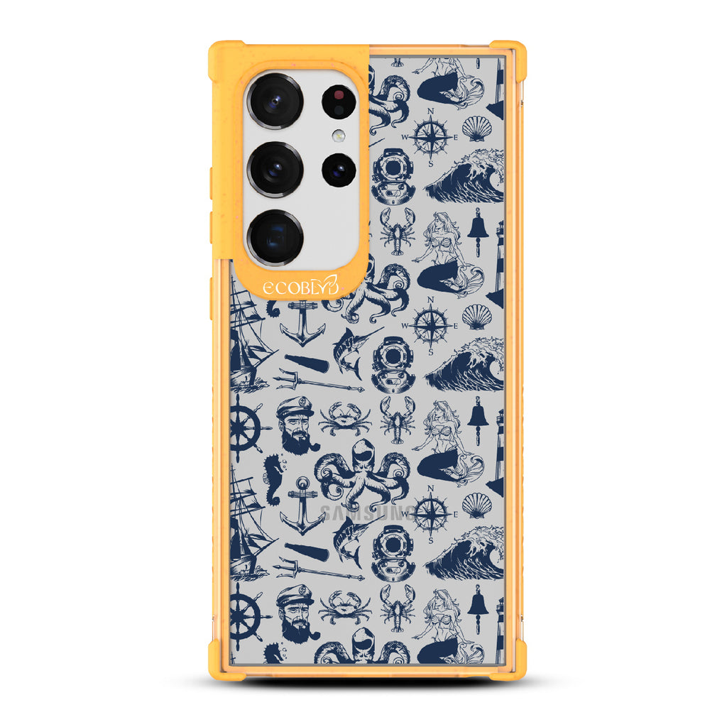 Nautical Tales -  Yellow Eco-Friendly Galaxy S23 Ultra Case With Sailors, Ships, Waves, Anchors & More On A Clear Back