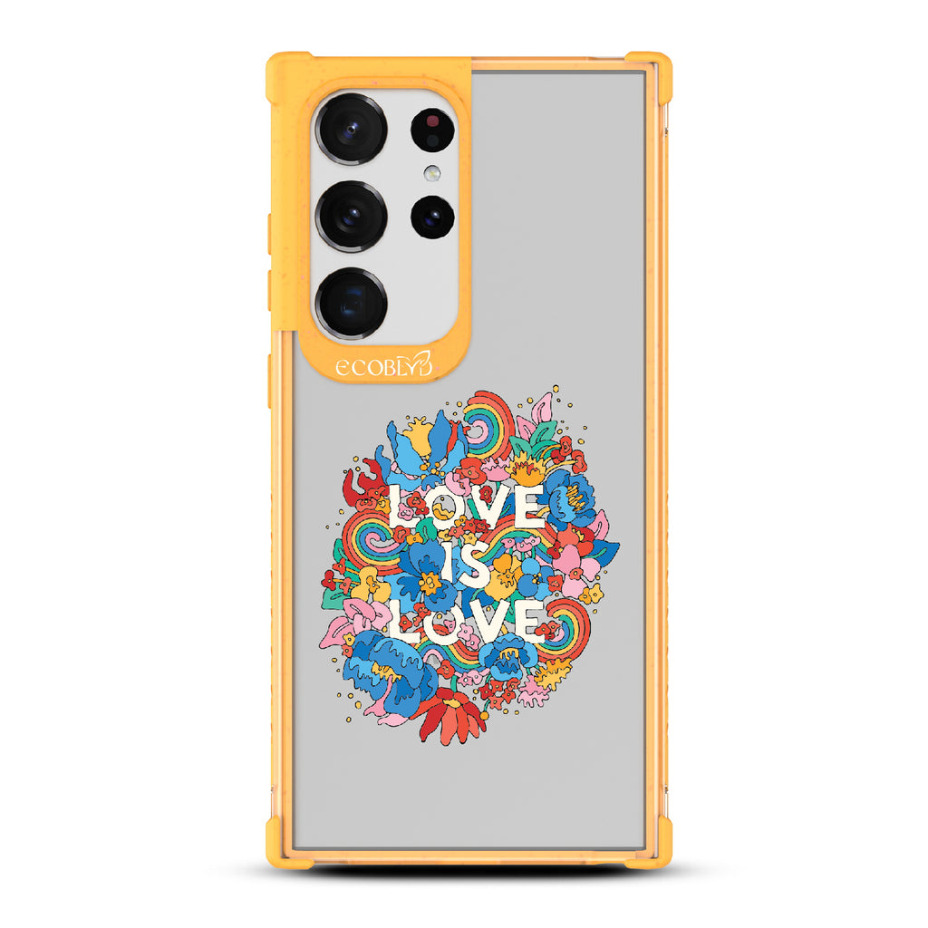 Ever-Blooming Love - Yellow Eco-Friendly Galaxy S23 Ultra Case With Rainbows + Flowers, Love Is Love On A Clear Back