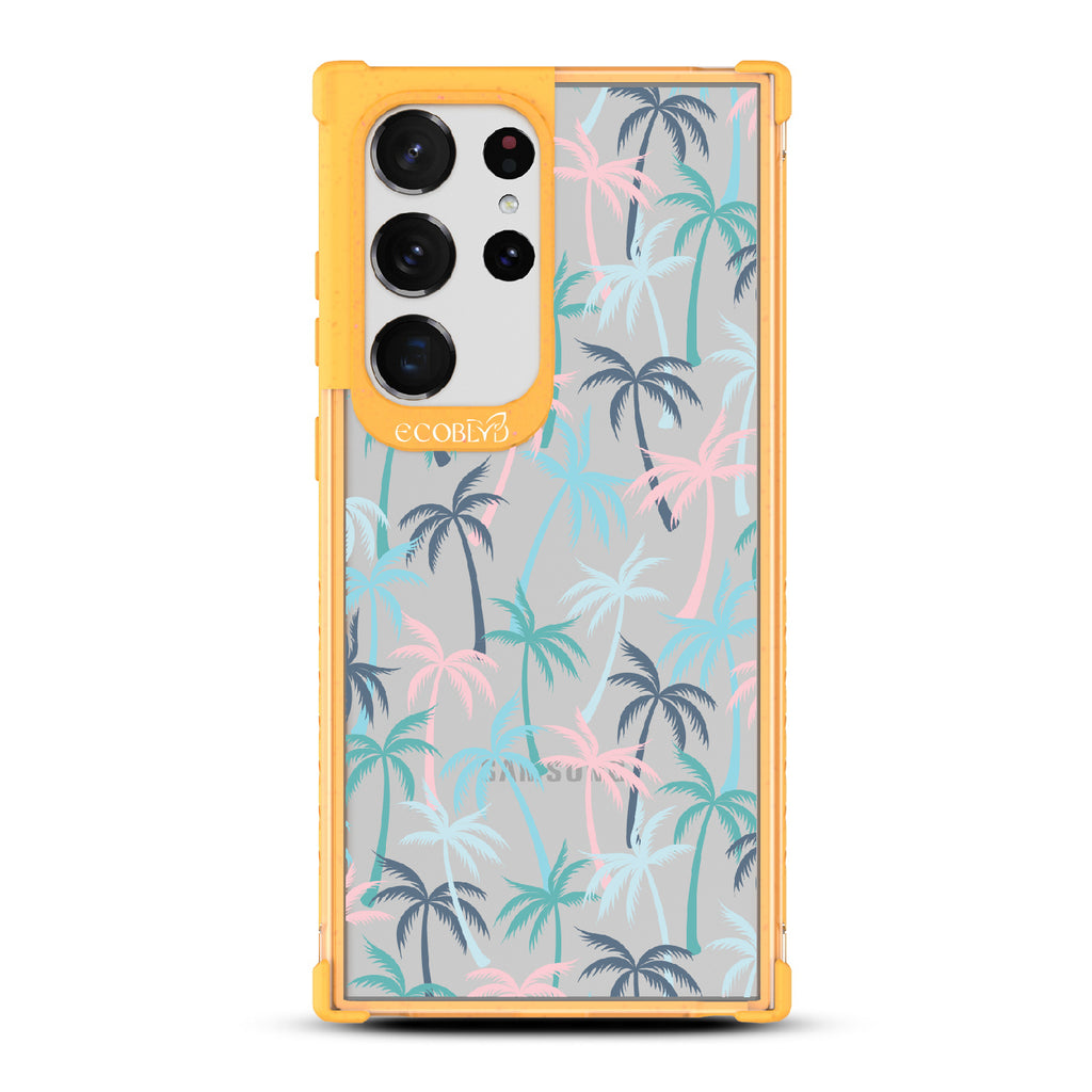 Cruel Summer - Yellow Eco-Friendly Galaxy S23 Ultra Case With Hotline Miami Colored Tropical Palm Trees On A Clear Back