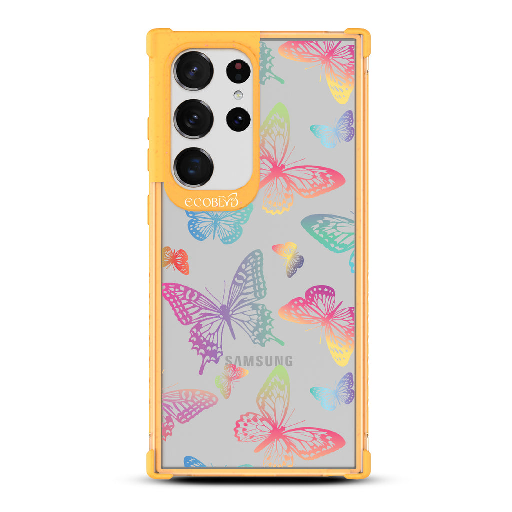 Butterfly Effect - Yellow Eco-Friendly Galaxy S23 Ultra Case With Multi-Colored Neon Butterflies On A Clear Back
