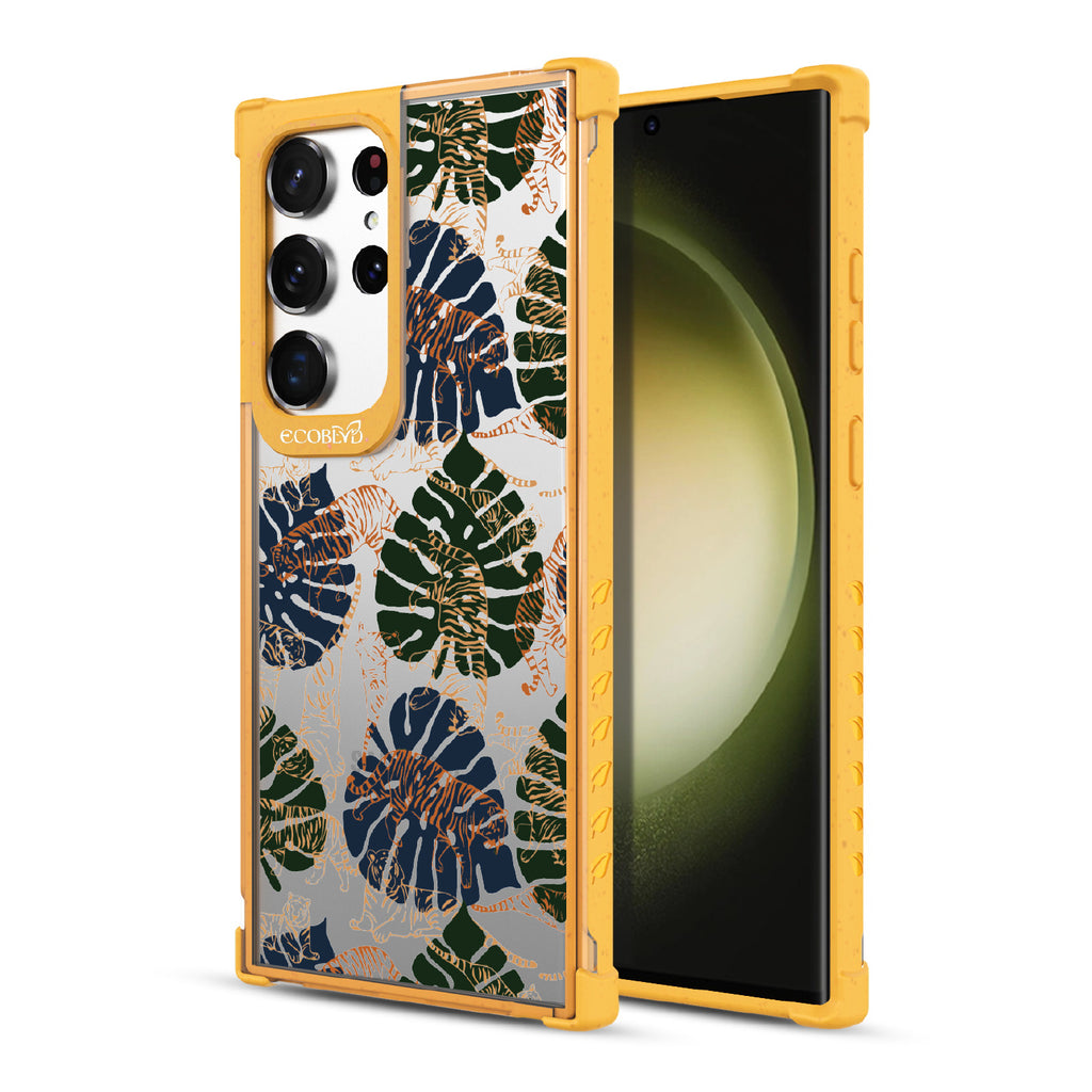 Tropic Roar - Back View Of Yellow & Clear Eco-Friendly Galaxy S23 Ultra Case & A Front View Of The Screen