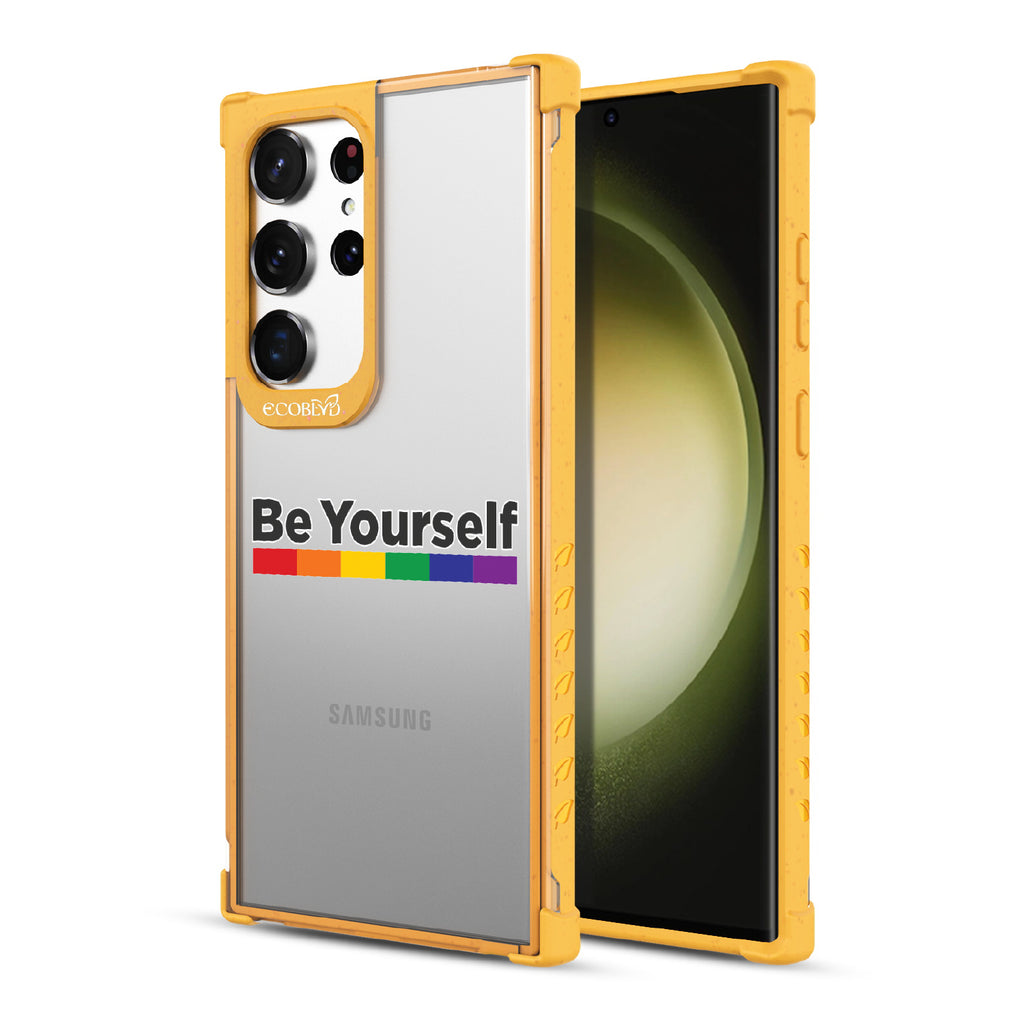 Be Yourself - Back View Of Yellow & Clear Eco-Friendly Galaxy S23 Ultra Case & A Front View Of The Screen
