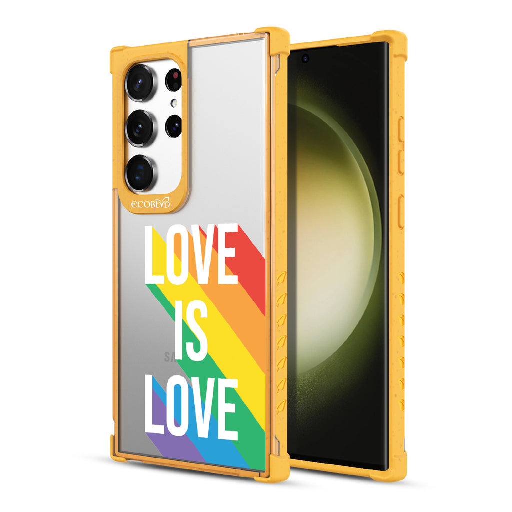 Spectrum Of Love - Back View Of Yellow & Clear Eco-Friendly Galaxy S23 Ultra Case & A Front View Of The Screen