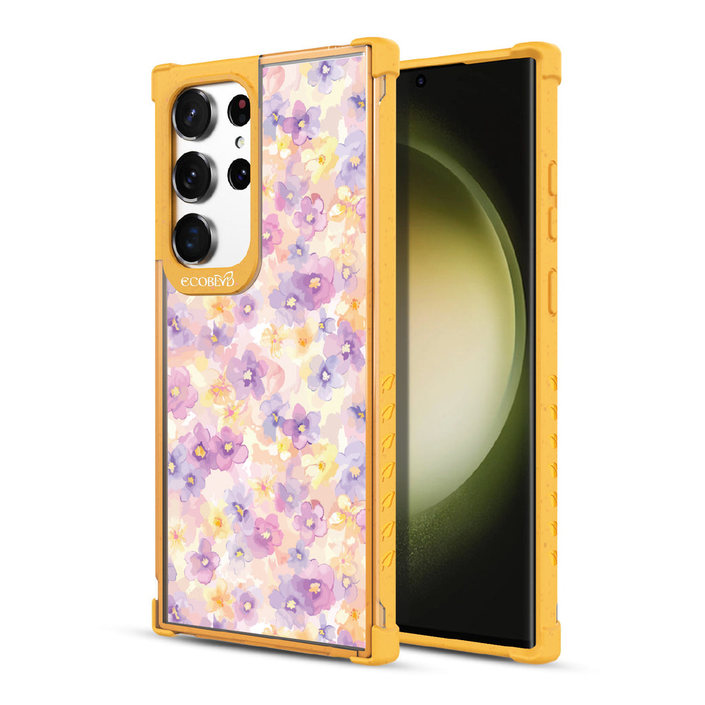 Front and back view of Samsung Galaxy S23 Ultra case, clear compostable phone case with yellow ridges, Flowering Thoughts design