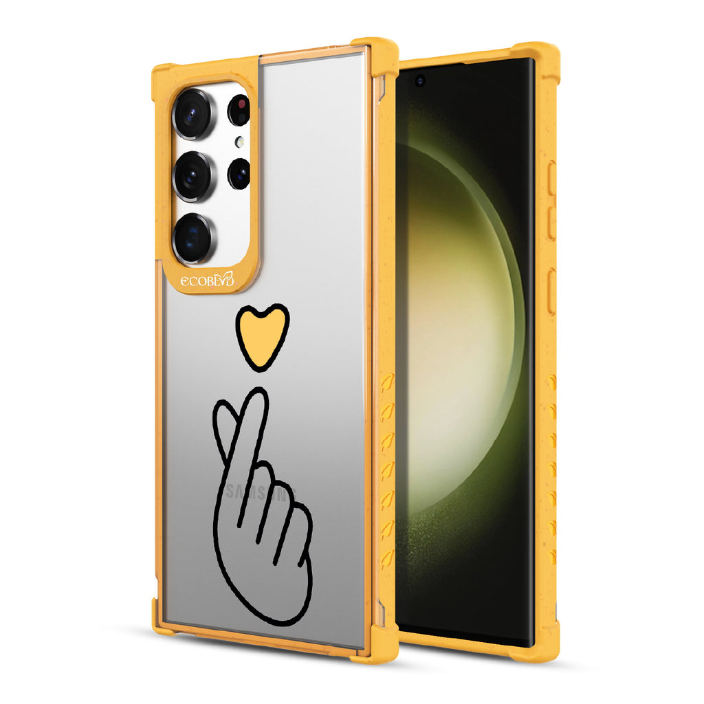 Finger Heart - Back View Of Yellow & Clear Eco-Friendly Galaxy S23 Ultra Case & A Front View Of The Screen