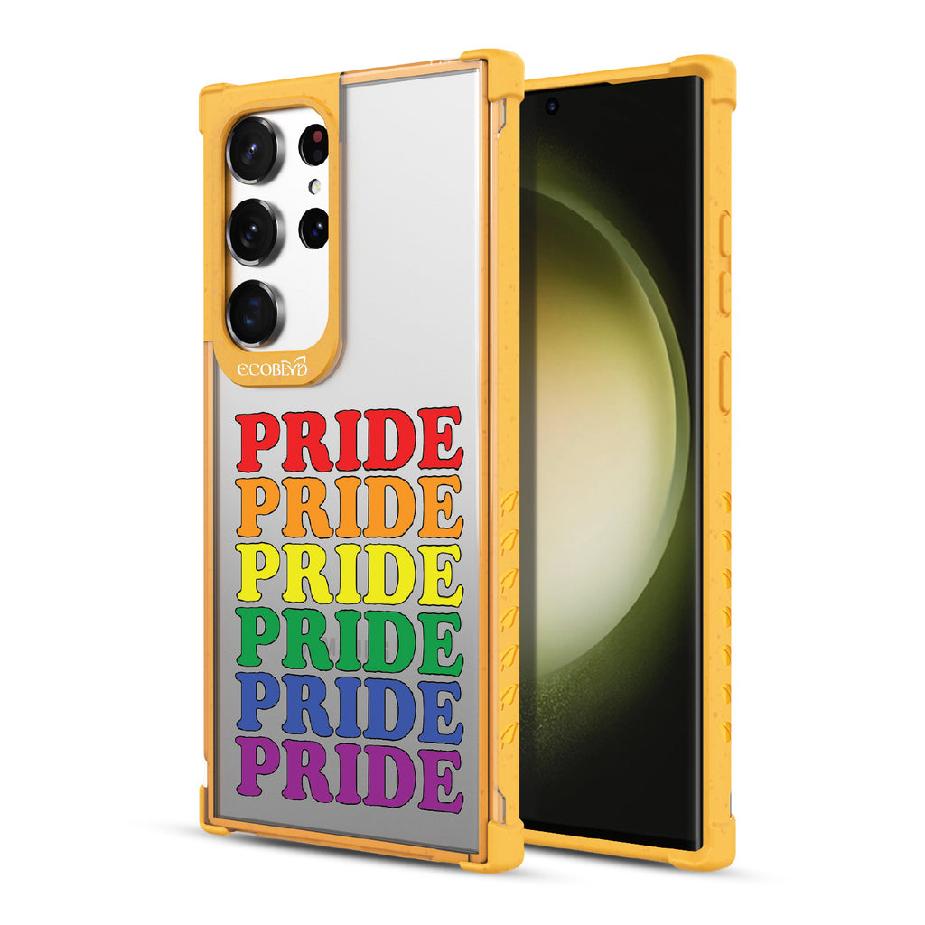 Pride Camp - Back View Of Yellow & Clear Eco-Friendly Galaxy S23 Ultra Case & A Front View Of The Screen