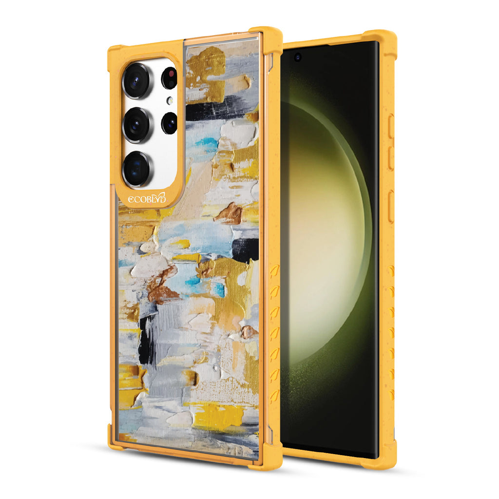 Front and back view of Samsung Galaxy S23 Ultra case, clear compostable phone case with yellow ridges, Lighten Up design