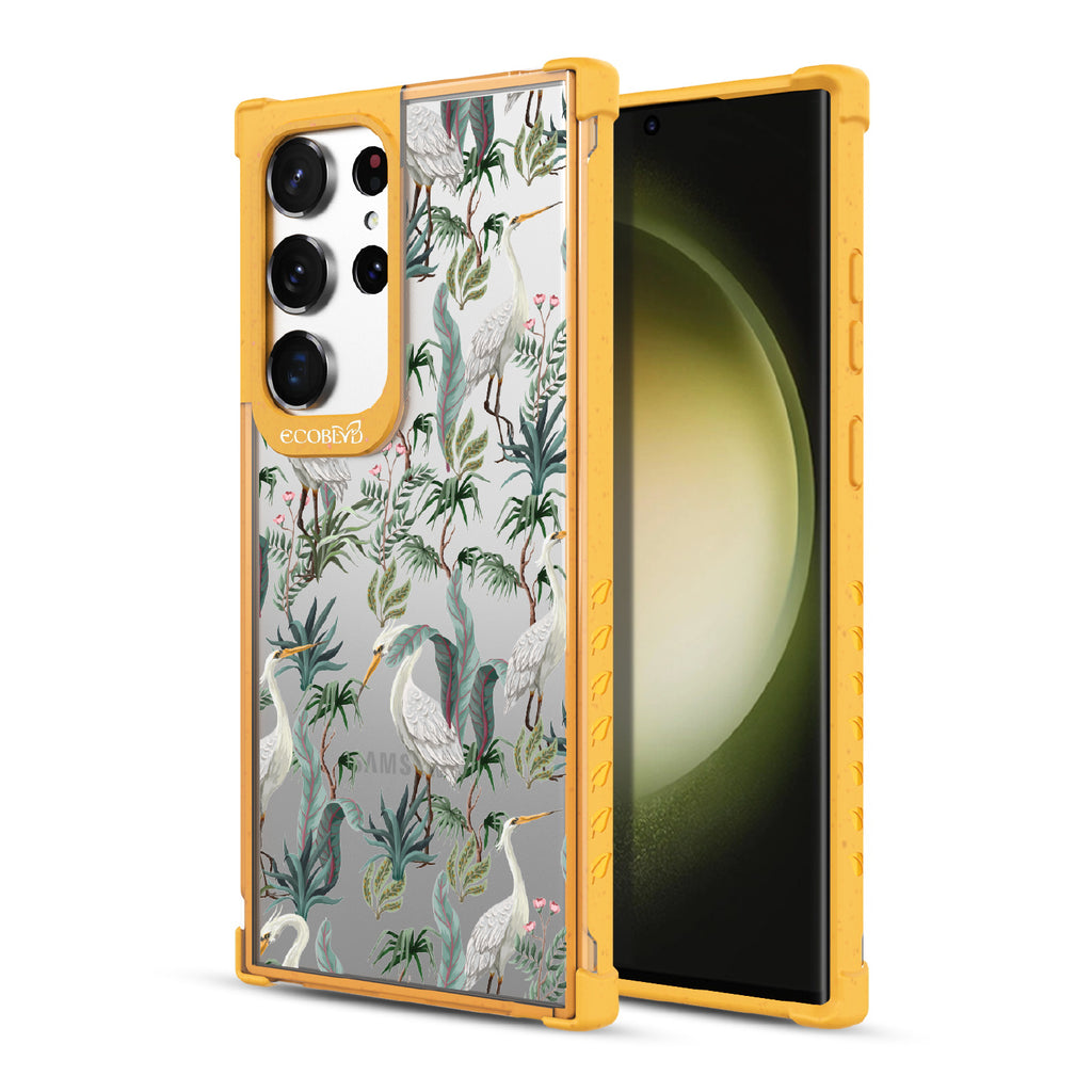 Flock Together - Yellow Eco-Friendly Galaxy S23 Ultra Case With Herons & Peonies On A Clear Back