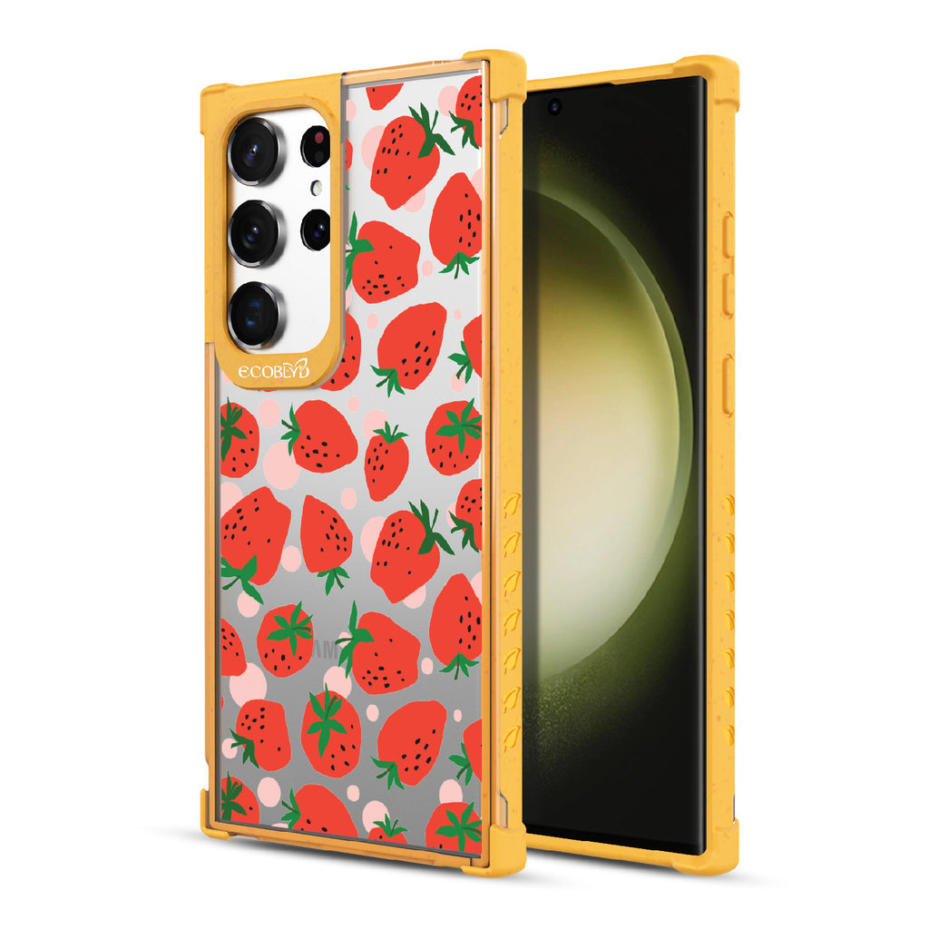 Strawberry Fields - Back View Of Yellow & Clear Eco-Friendly Galaxy S23 Ultra Case & A Front View Of The Screen