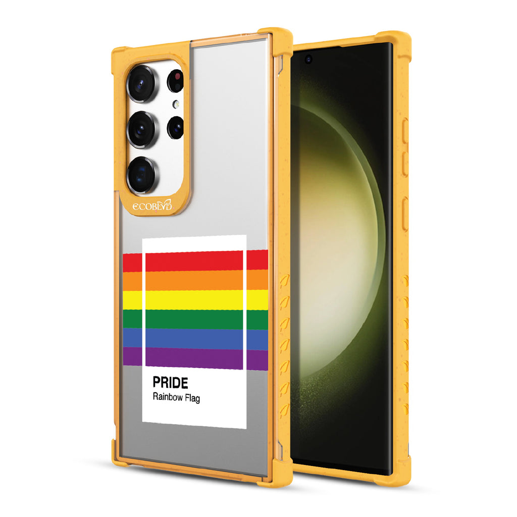 Colors Of Unity - Yellow Eco-Friendly Galaxy S23 Ultra Case With Pride Rainbow Flag As Pantone Swatch On A Clear Back