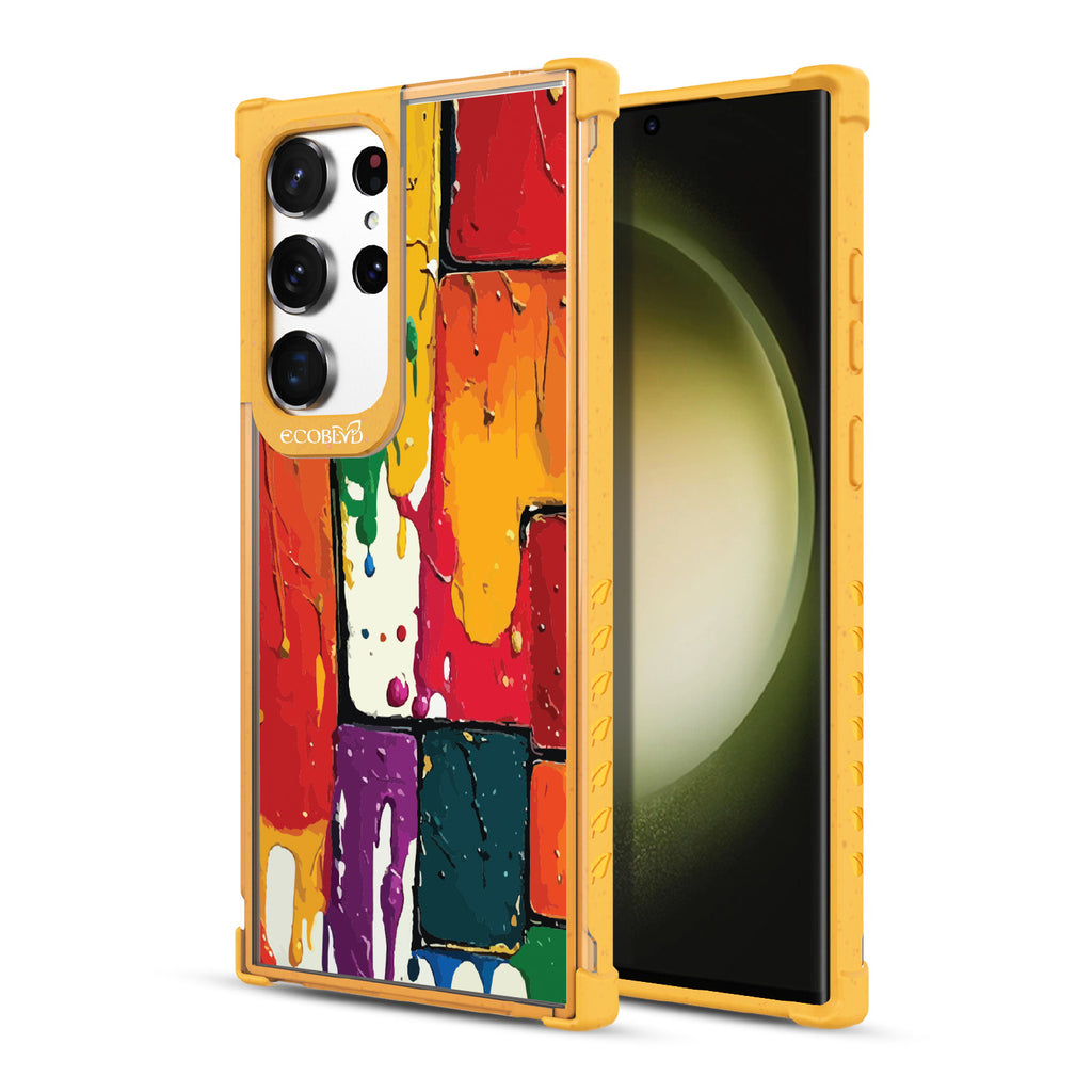 Front and back view of Samsung Galaxy S23 Ultra case, clear compostable phone case with yellow ridges, Color Me Mine design