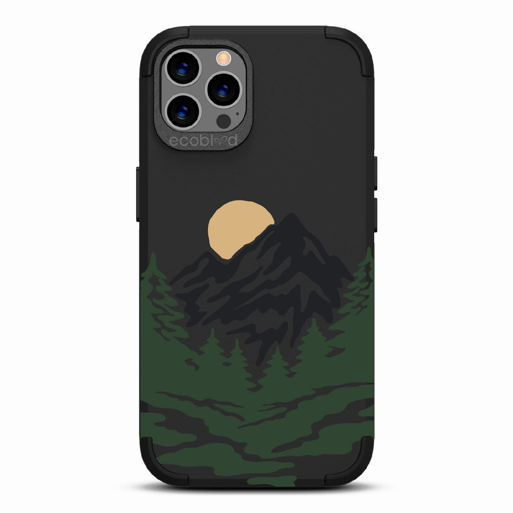 Mountains - Black Rugged Eco-Friendly iPhone 12/12 Pro Case With A Minimalist Moonlit Mountain Landscape On Back
