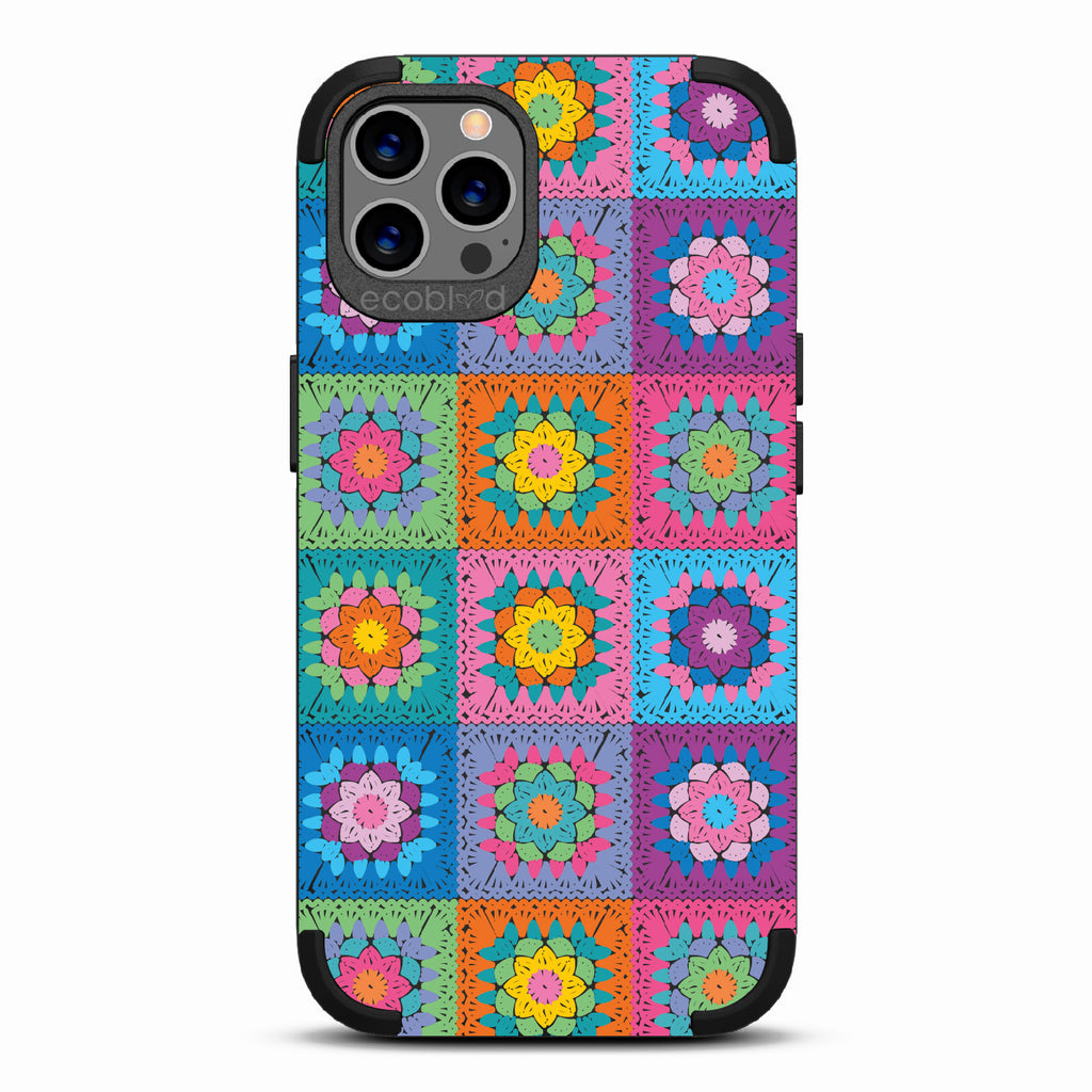 All Squared Away - Black Rugged Eco-Friendly iPhone 12/12 Pro Case With Pastel Vintage Granny Squares Crochet Pattern On Back