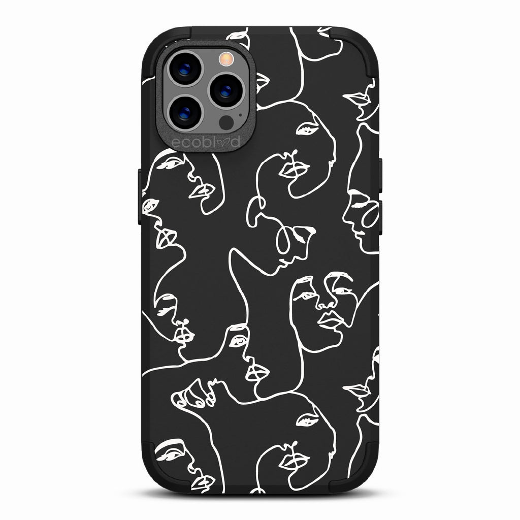 Delicate Touch - Black Rugged Eco-Friendly iPhone 12/12 Pro Case With Line Art Of A Woman?€?s Face On Back