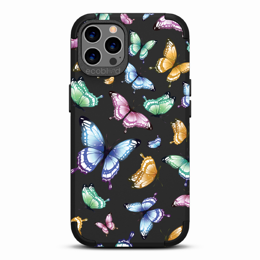 Social Butterfly - Black Rugged Eco-Friendly iPhone 12/12 Pro Case With Colorful Butterflies On Back