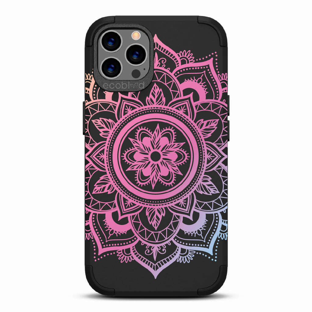 Mandala - Black Rugged Eco-Friendly iPhone 12/12 Pro Case With A Pink Lotus Flower Mandala On Back