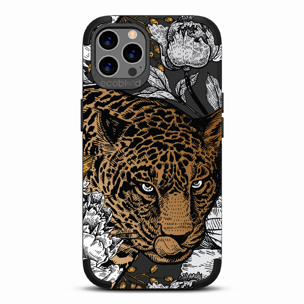 Purrfectly Striking - Black Rugged Eco-Friendly iPhone 12/12 Pro With Leopard, Black/Grey Flowers