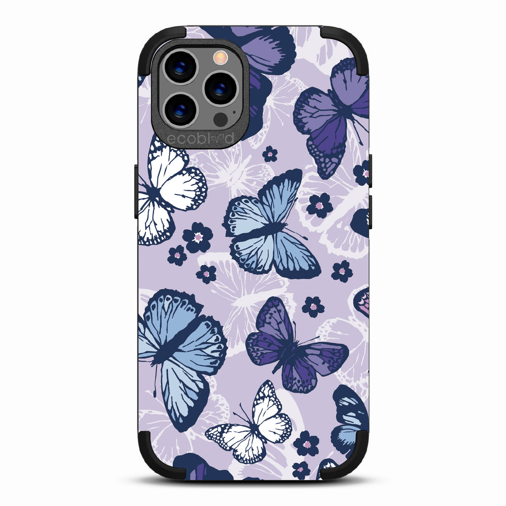  Deja Vu - Black Rugged Eco-Friendly iPhone 12/12 Pro With Blue, White, Purple Butterflies & Flowers + Lavender Background