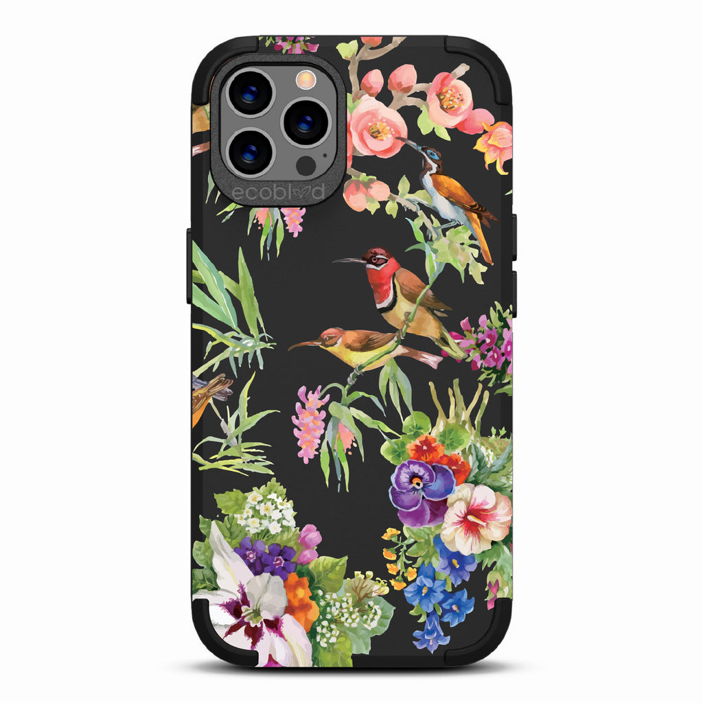 Sweet Nectar - Black Rugged Eco-Friendly iPhone 12/12 Pro With Hummingbirds, Colorful Garden Flowers