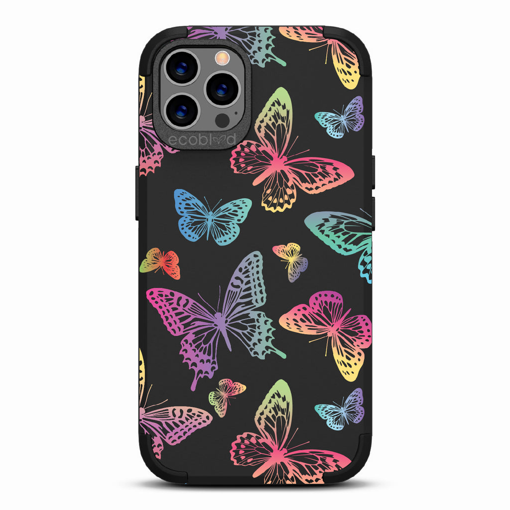  Butterfly Effect - Black Rugged Eco-Friendly iPhone 12/12 Pro Case With Multi-Colored Neon Butterflies On Back