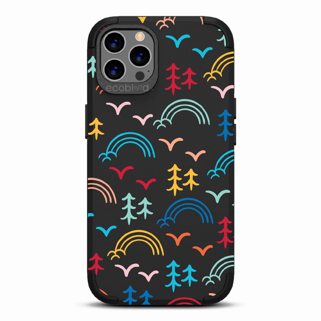 Happy Camper X Brave Trails - Black Rugged Eco-Friendly iPhone 12/12 Pro Case With Minimalist Trees, Birds, Rainbows