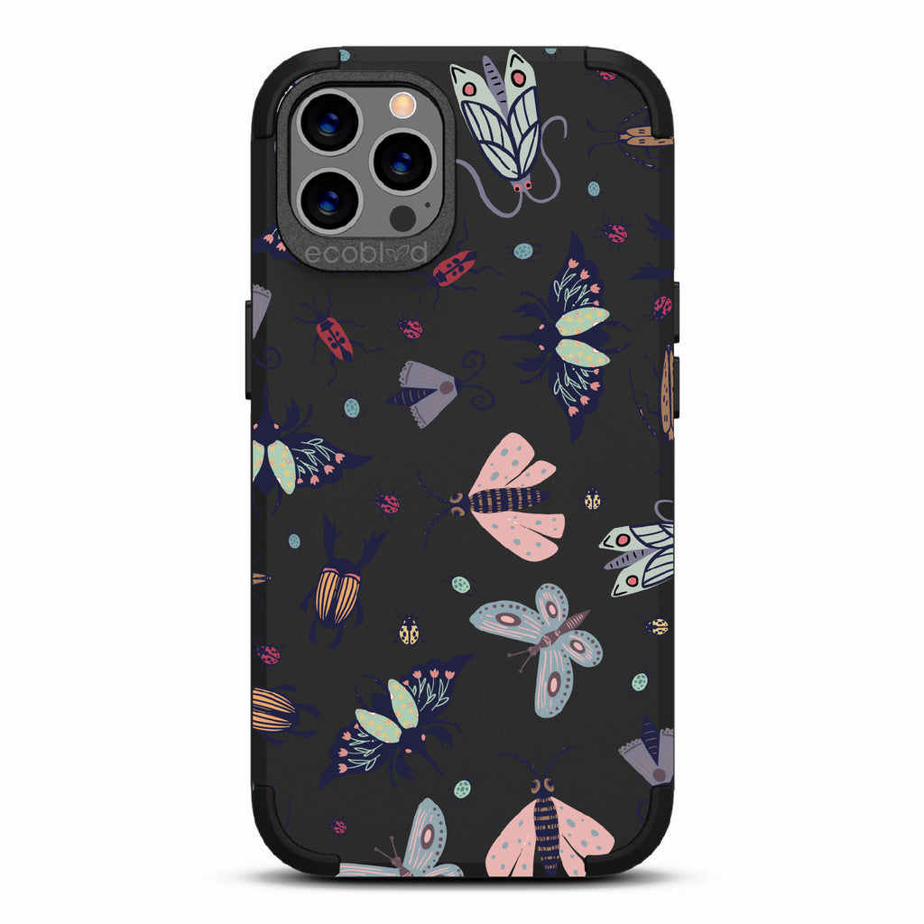 Bug Out - Black Rugged Eco-Friendly iPhone 12/12 Pro Case With Butterflies, Moths, Dragonflies, And Beetles On Back
