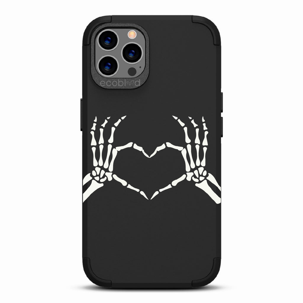 Til Death - Black Rugged Eco-Friendly iPhone 12/12 Pro Case With Skeletal Hands Forming A Heart On Back