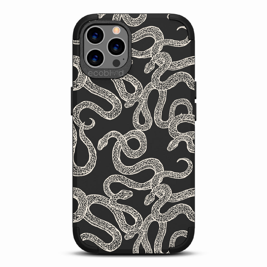 Slithering Serpent - Black Rugged Eco-Friendly iPhone 12/12 Pro Case With Diamondback Snakes On Back
