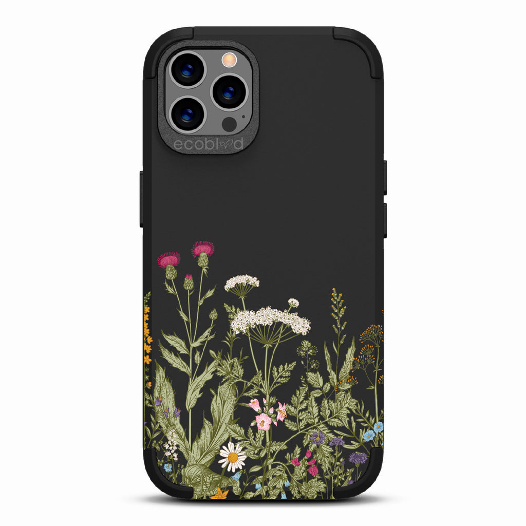 Take Root - Black Rugged Eco-Friendly iPhone 12/12 Pro Case With Wild Herbs & Flowers Botanical Herbarium