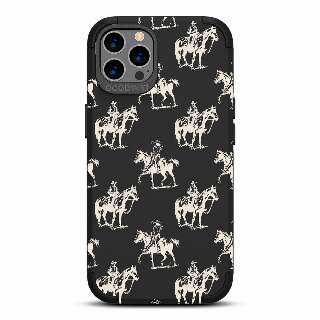 Horsin' Around - Black Rugged Eco-Friendly iPhone 12/12 Pro Case With Cowboys On Horseback On Back