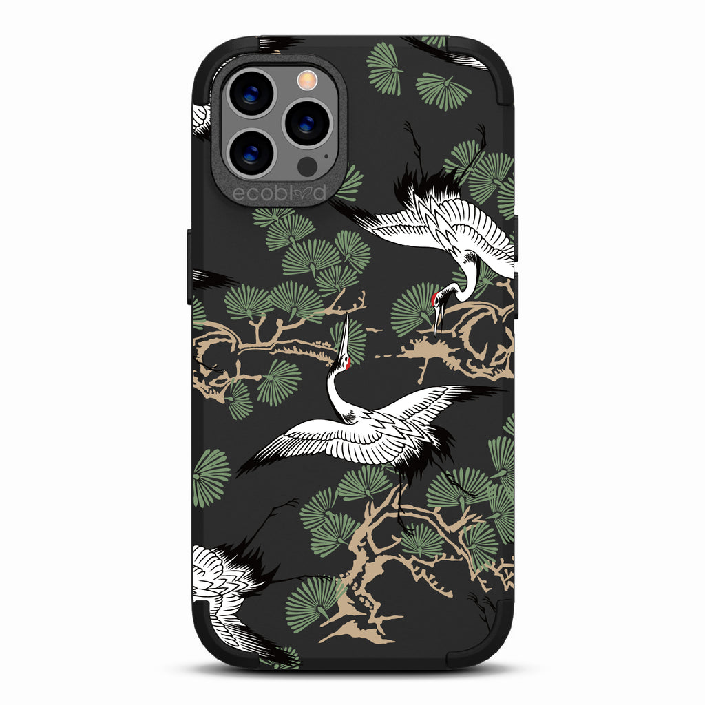 Graceful Crane - Black Rugged Eco-Friendly iPhone 12/12 Pro Case With Japanese Cranes Atop Branches On Back