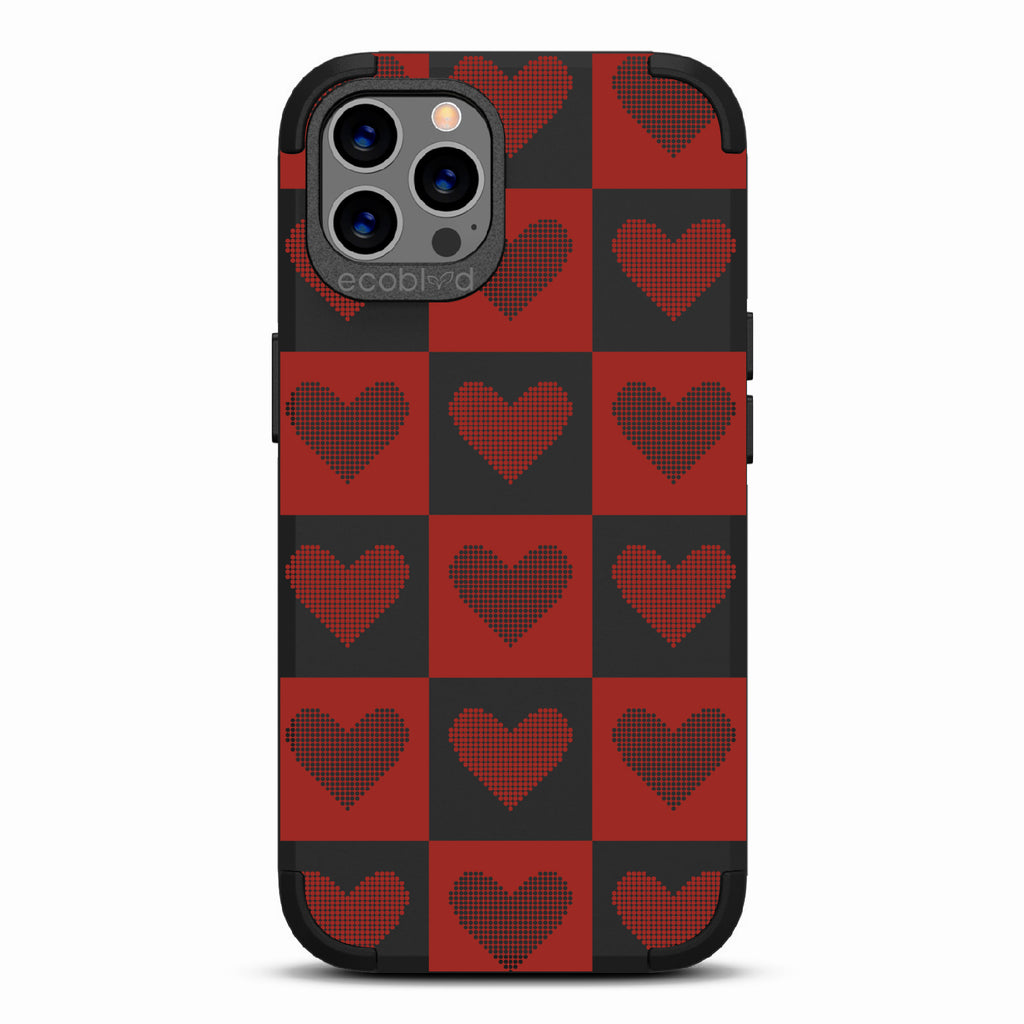 Quilty Pleasures - Black Rugged Eco-Friendly iPhone 12/12 Pro Case With Red Checkered Print With Knitted Hearts On Back