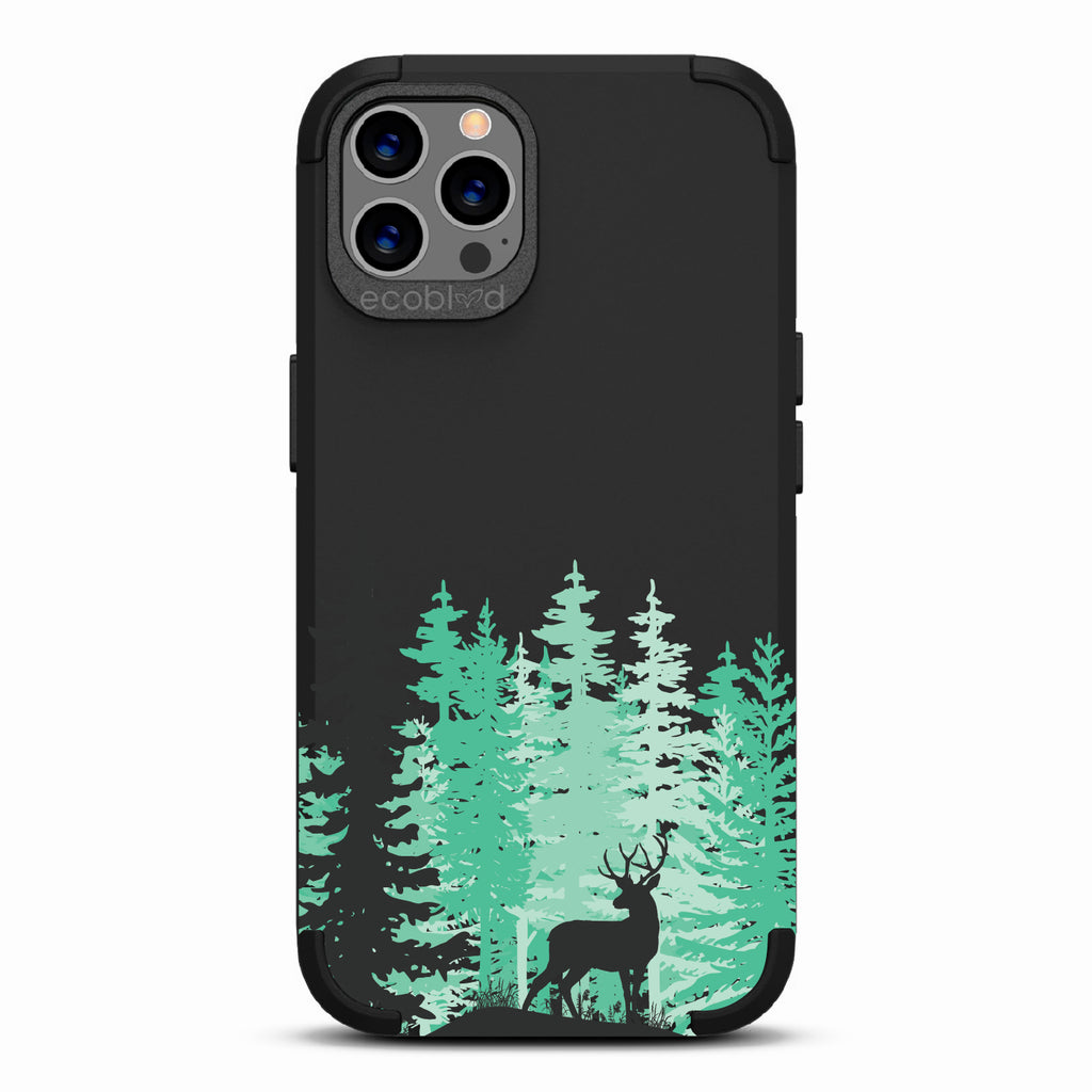 The Buck Stops Here - Black Rugged Eco-Friendly iPhone 12/12 Pro Case With Wild Stag Standing On Boulder In The Woods